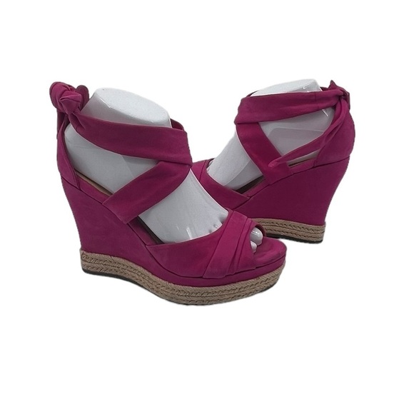 UGG Pink Lucy Espadrille Bow Tie Ankle Strap Jute Wedge Sandals Size 8.5 Women’s - Picture 1 of 9